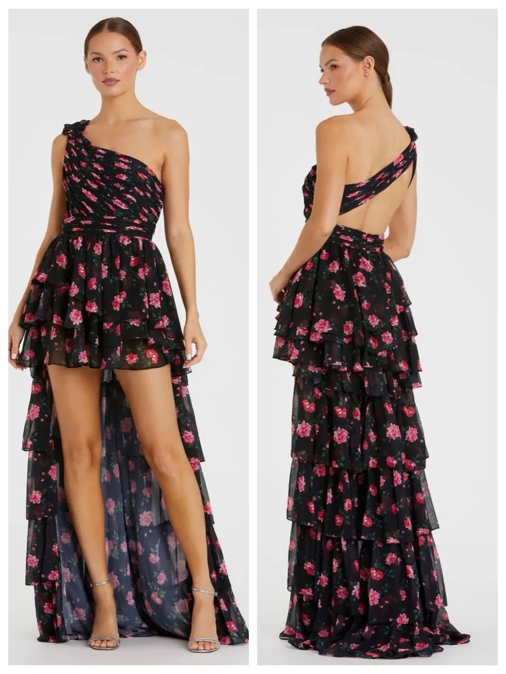 Mac Duggal One Shoulder Ruffled Rose Floral Layered High Low Dress 70246 | Sz 0